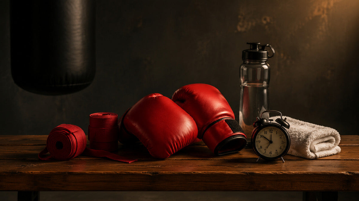 Guantes de boxeo, vendas, agua, toalla y reloj tras un entrenamiento, como imagen de recuperación y descanso