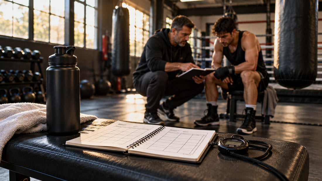 Entrenador y boxeador revisan una sesión junto a una libreta y un cronómetro en un gimnasio de boxeo