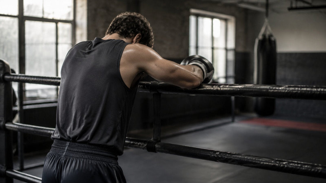 Boxeador controla la respiración durante una pausa de entrenamiento