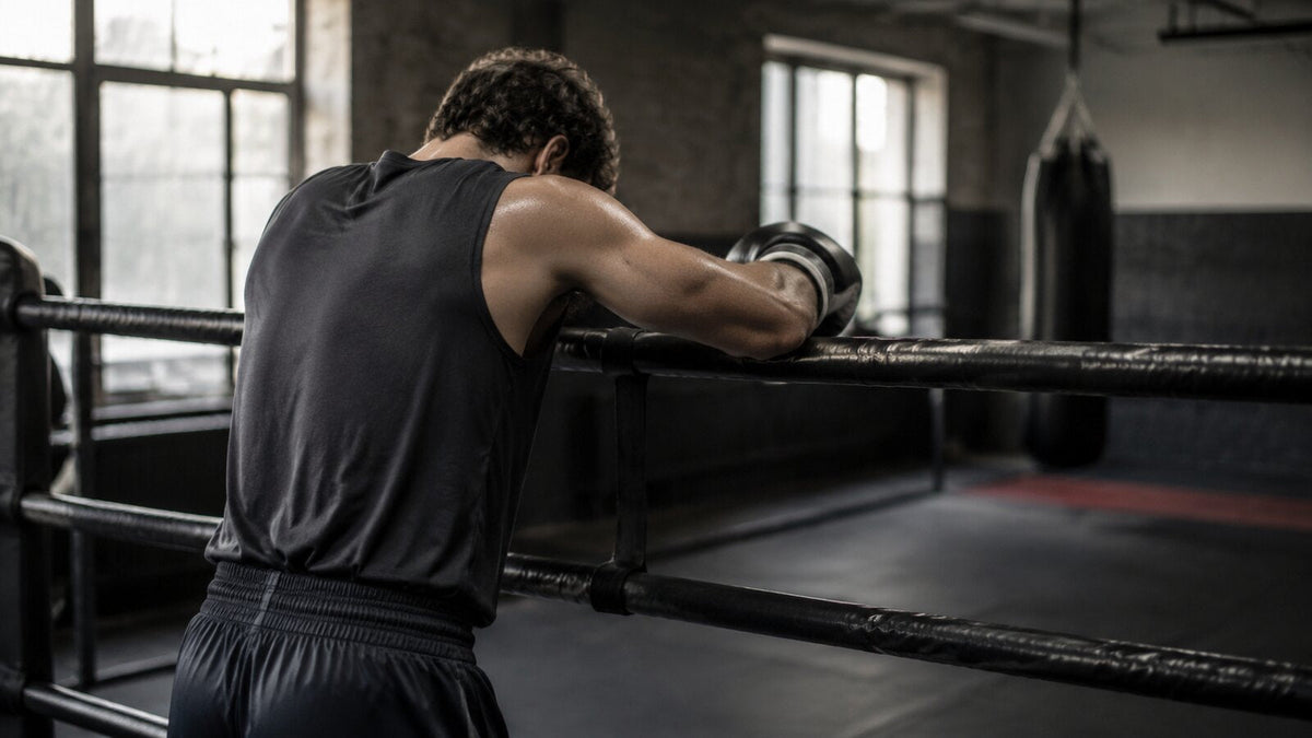 Boxeador controla la respiración durante una pausa de entrenamiento