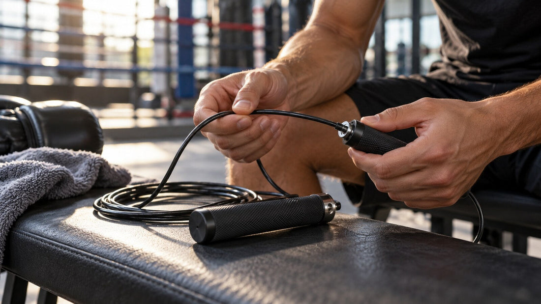 Manos inspeccionan el cable, la unión y los mangos de una comba antes de entrenar boxeo