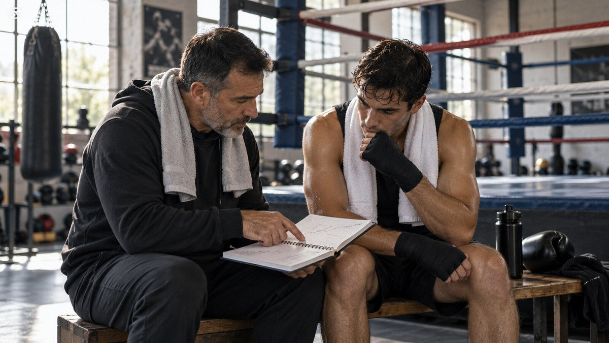 Entrenador y boxeador revisan juntos un cuaderno de entrenamiento al terminar una sesión.