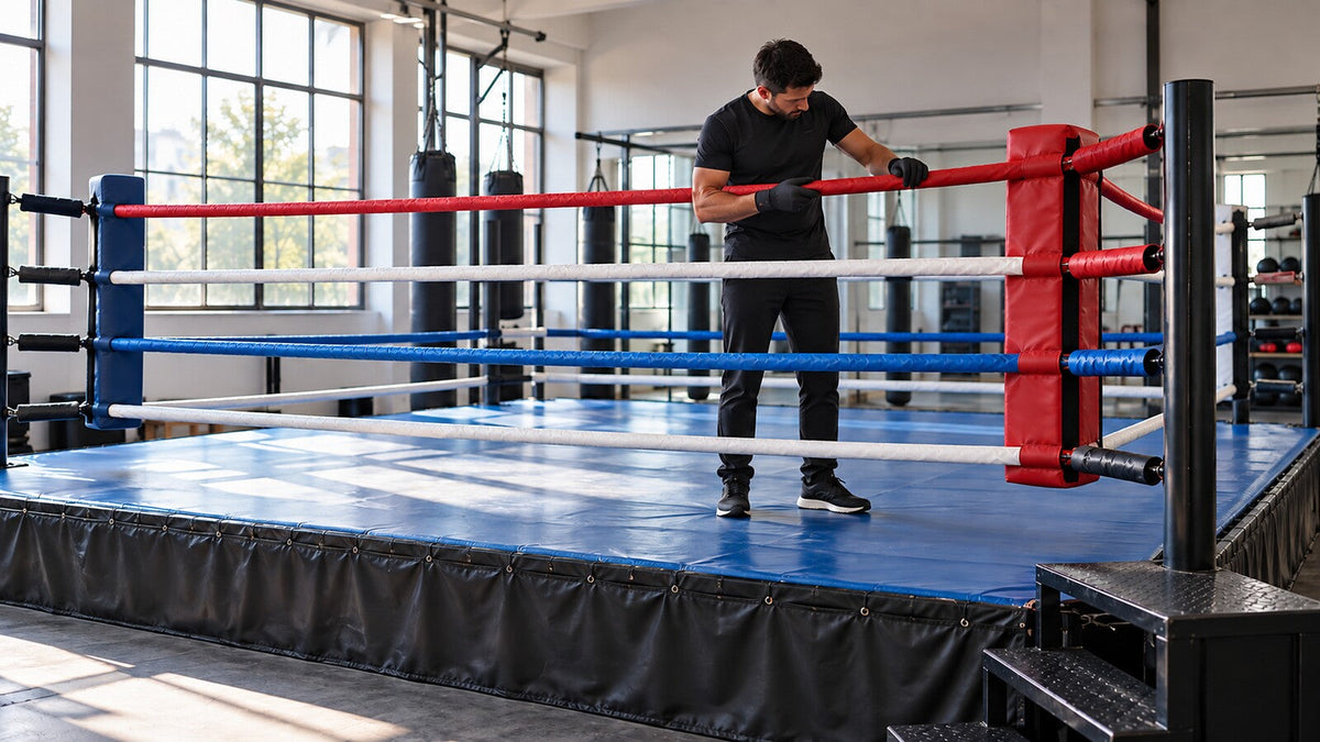 Entrenador revisa las cuerdas y el acolchado de un ring vacío antes de una sesión