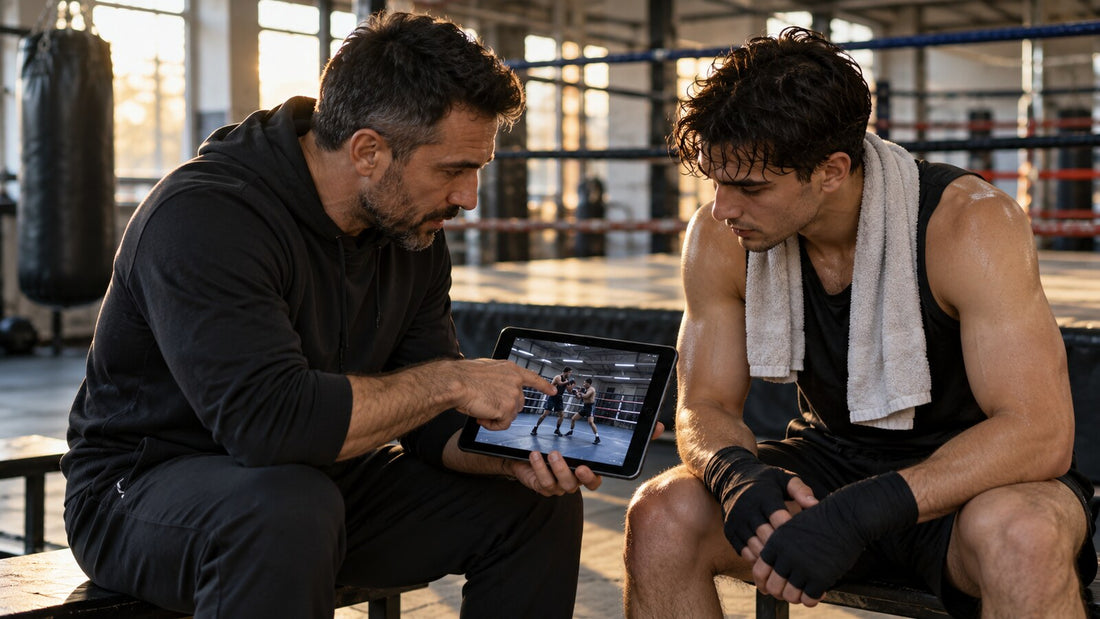 Entrenador y boxeador revisan en una tableta un asalto de entrenamiento junto al ring