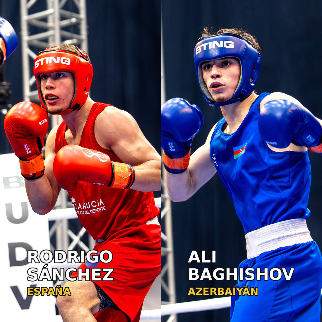 Rodrigo Sánchez, de España, y Ali Baghishov, de Azerbaiyán, en dos fotografías de su combate del Mundial U19 de Budva 2026.