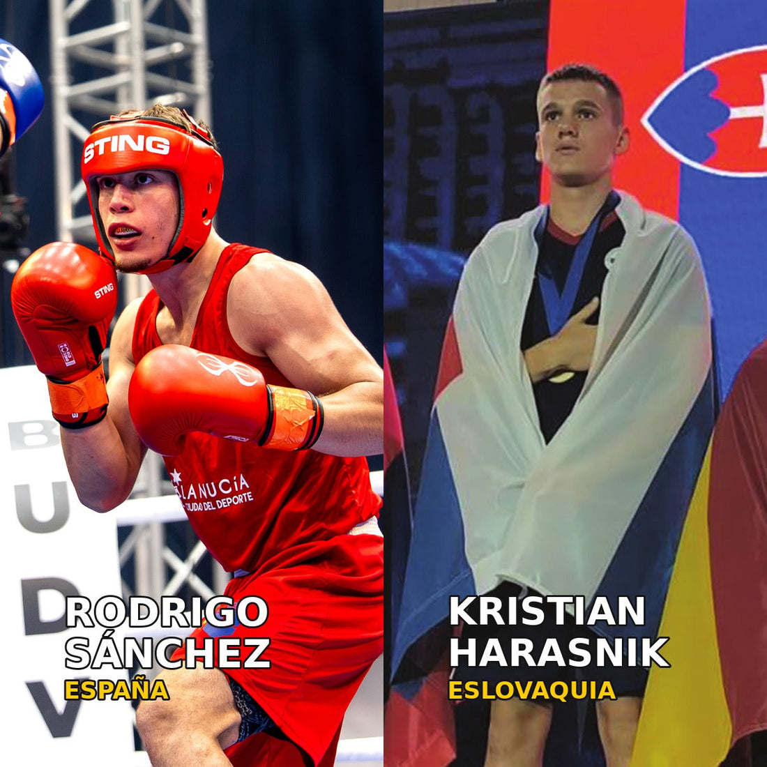 Composición de fotografías de archivo de Rodrigo Sánchez, con equipación roja en Budva el 19 de octubre de 2026, y Kristian Harasnik, con la bandera de Eslovaquia en el podio del Europeo de 2025.