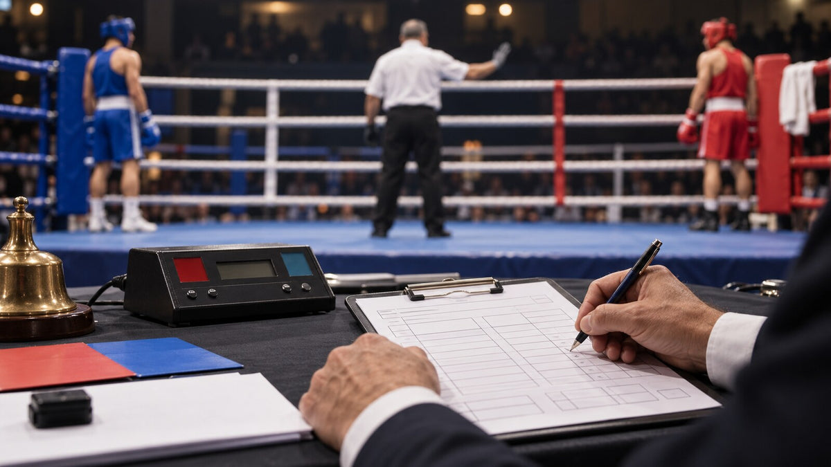Oficial anota un resultado junto al ring mientras el árbitro detiene una acción