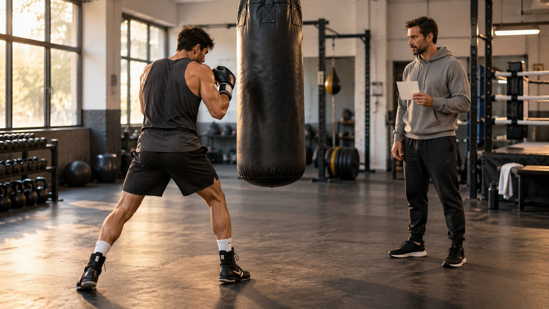 Boxeador trabaja con un saco genérico mientras su entrenador observa la distancia y la tarea.