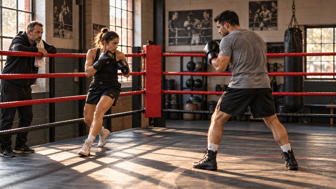 Boxeadora sale lateralmente de las cuerdas mientras un compañero mantiene presión controlada y un entrenador observa