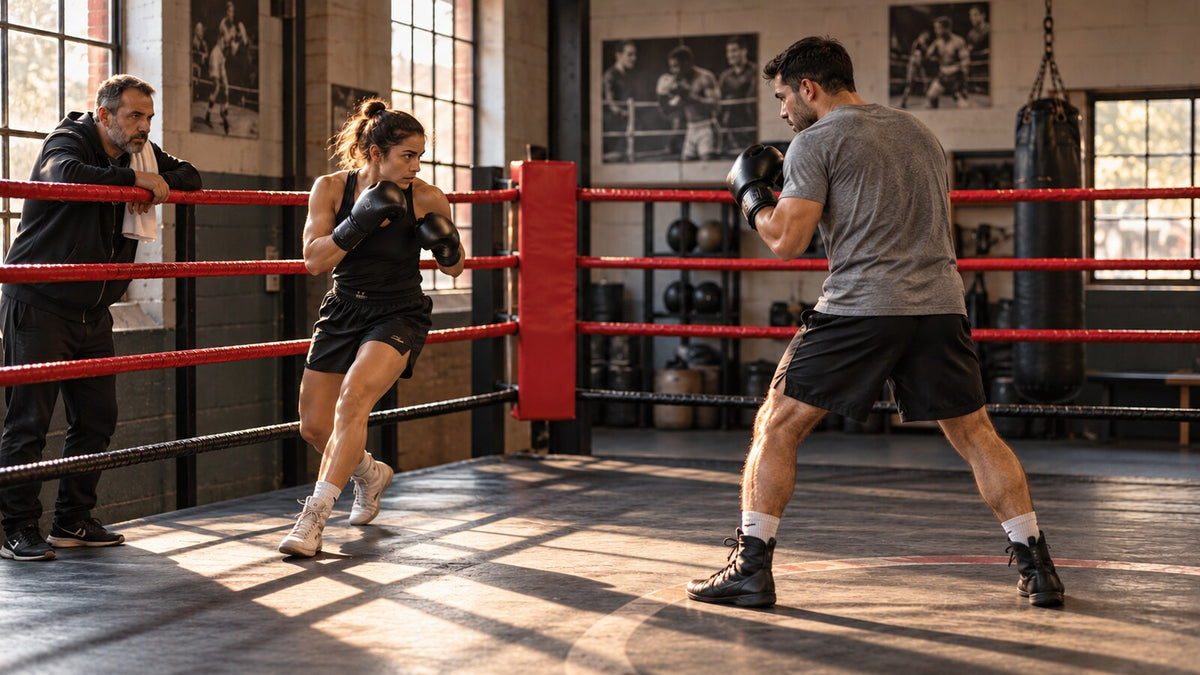 Boxeadora sale lateralmente de las cuerdas mientras un compañero mantiene presión controlada y un entrenador observa