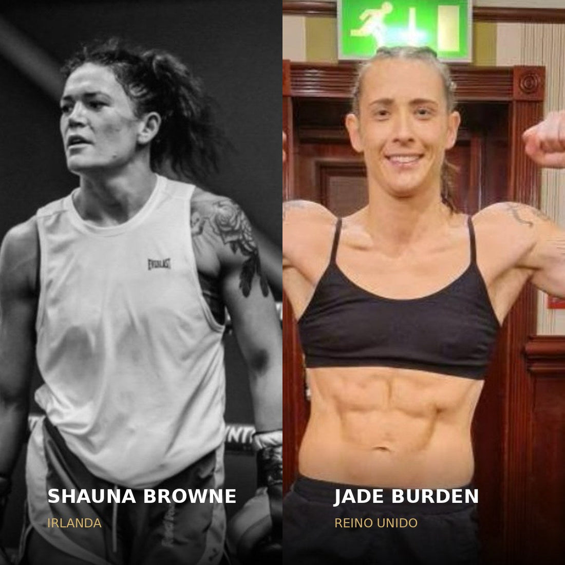 Fotografías de archivo de Shauna Browne entrenando y Jade Burden posando en contexto deportivo. Composición para la crónica de Harrow 2026.