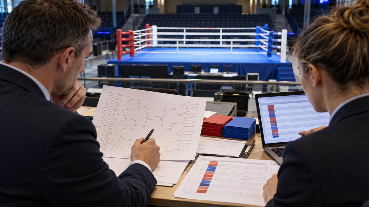 Dos oficiales ficticios revisan un cuadro y un calendario de competición ante un ring vacío