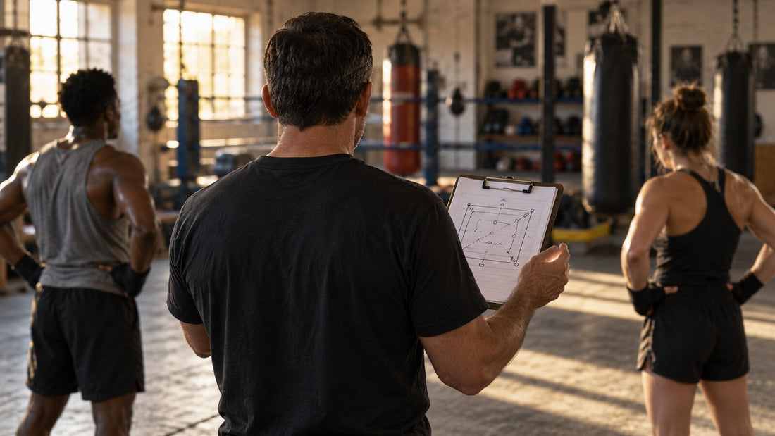 Ilustración conceptual de un entrenador preparando una tarea con una pizarra de mano en un gimnasio de boxeo.