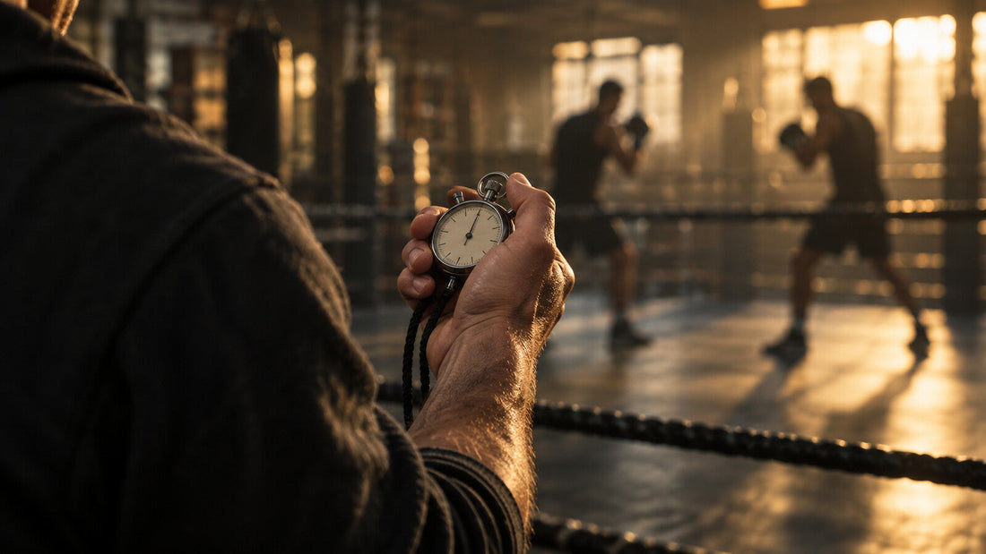 Escena conceptual de un entrenador con cronómetro observando a dos practicantes desenfocados en el ring.