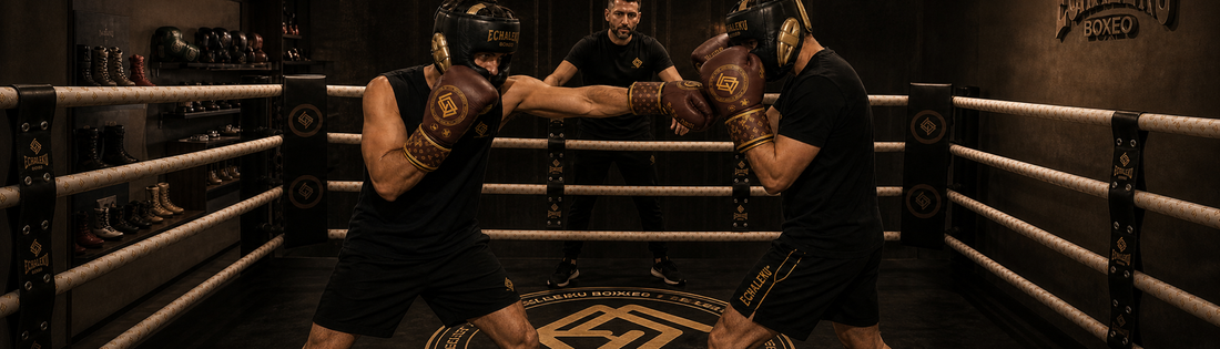 Dos boxeadores practican sparring técnico con guantes y cascos Echaleku bajo supervisión