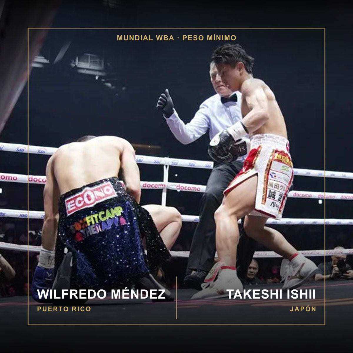 Takeshi Ishii derriba a Wilfredo Méndez, identificados con Japón y Puerto Rico