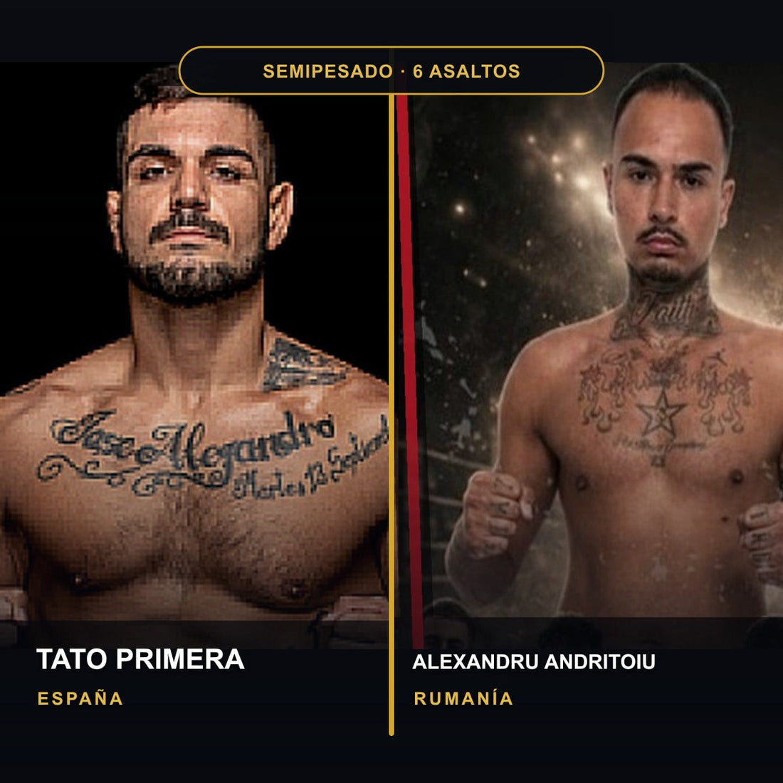 Tato Primera, de España, y Alexandru-Adrian Andritoiu, de Rumanía, antes de su combate de peso semipesado en La Palma