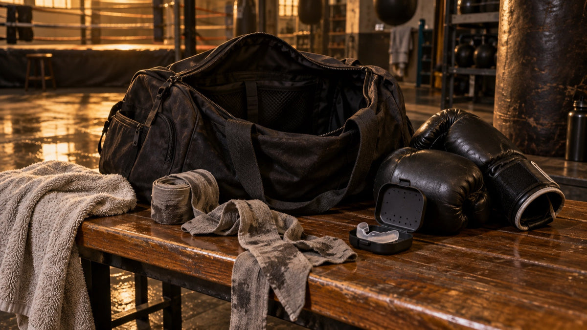 Bolsa de gimnasio abierta con vendas, guantes y protector bucal ventilándose tras entrenar