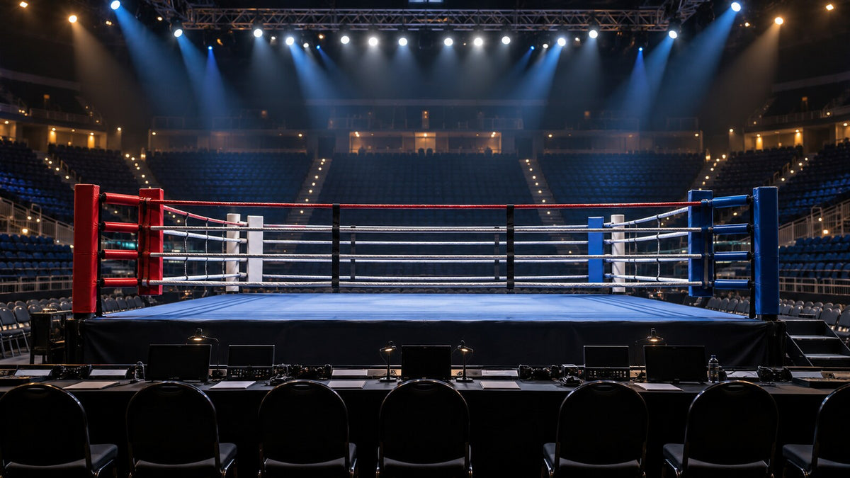 Ring preparado antes de una velada de boxeo