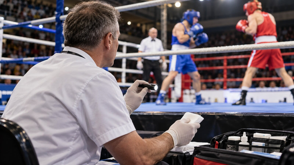 Médico de ring observa un combate de World Boxing con material de evaluación preparado junto al cuadrilátero
