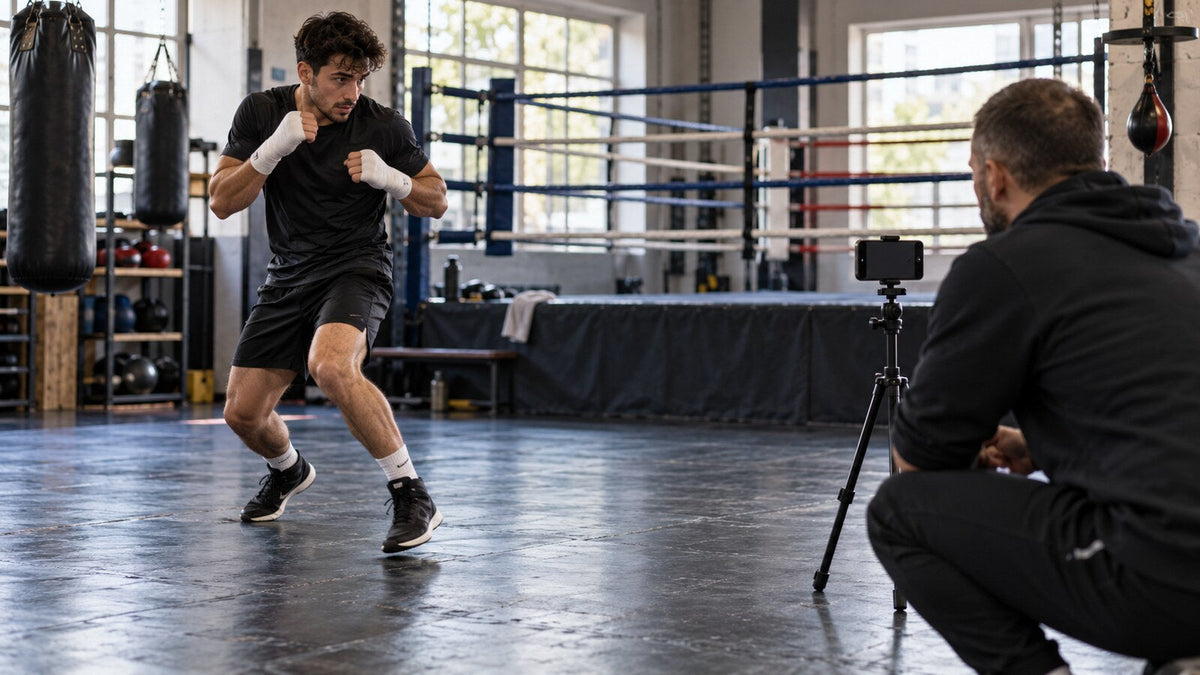 Boxeador practica desplazamientos mientras el entrenador graba una toma continua desde fuera del espacio de trabajo.