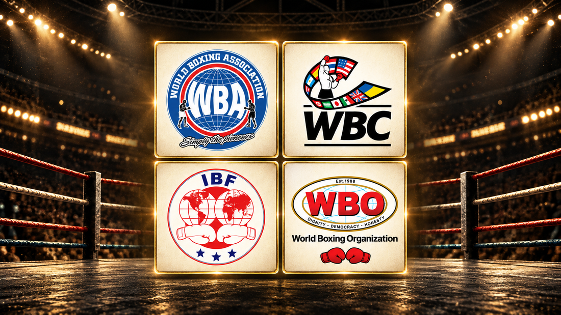 Los cuatro logos WBA, WBC, IBF y WBO centrados en una composición de dos por dos sobre un ring ilustrado con iluminación dorada.