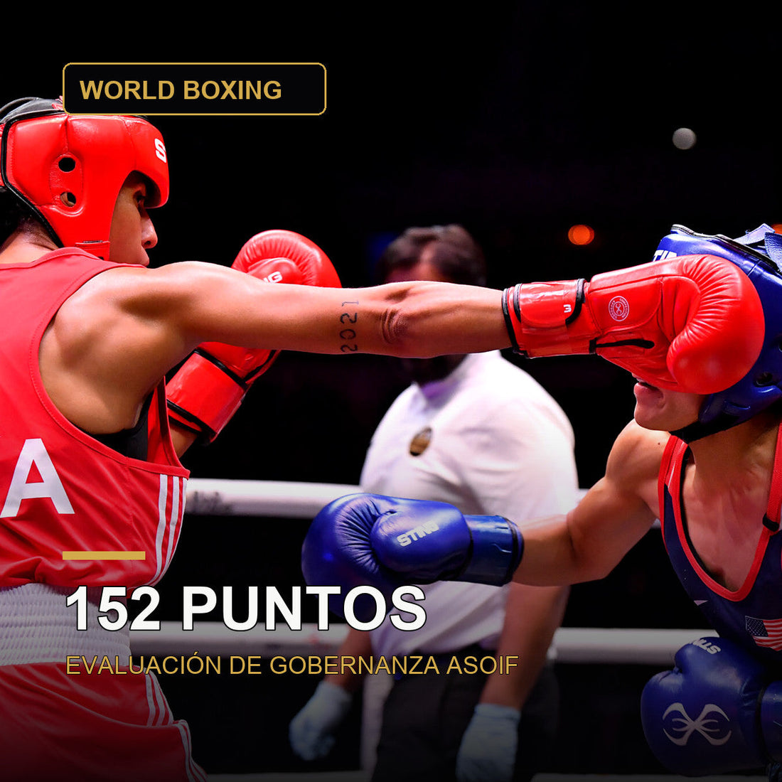 Combate de boxeo olímpico con el dato de 152 puntos de World Boxing en la evaluación de gobernanza ASOIF