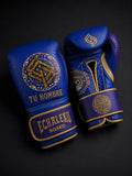 Guantes de Boxeo Azteca personalizados Echaleku Boxeo en azul eléctrico y violeta, con TU NOMBRE y colores elegidos