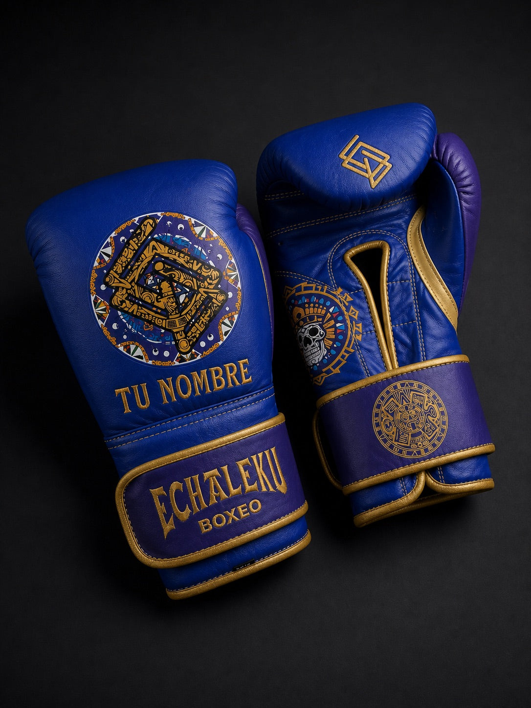 Guantes de Boxeo Azteca personalizados Echaleku Boxeo en azul eléctrico y violeta, con TU NOMBRE y colores elegidos