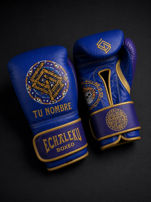Guantes de Boxeo Azteca personalizados Echaleku Boxeo en azul eléctrico y violeta, con TU NOMBRE y colores elegidos
