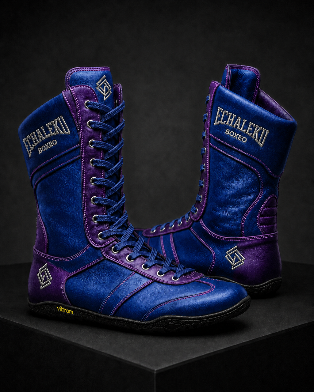 Botas Merino Echaleku Boxeo en azul eléctrico y violeta con suela negra Vibram
