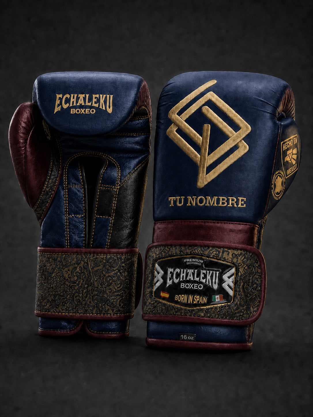 Guantes Oro del Inframundo personalizados Echaleku Boxeo en zafiro, burdeos, negro y oro con TU NOMBRE