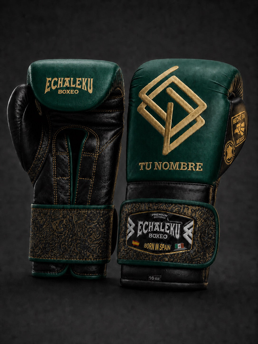 Guantes Oro del Inframundo personalizados Echaleku Boxeo en esmeralda, negro y oro con TU NOMBRE