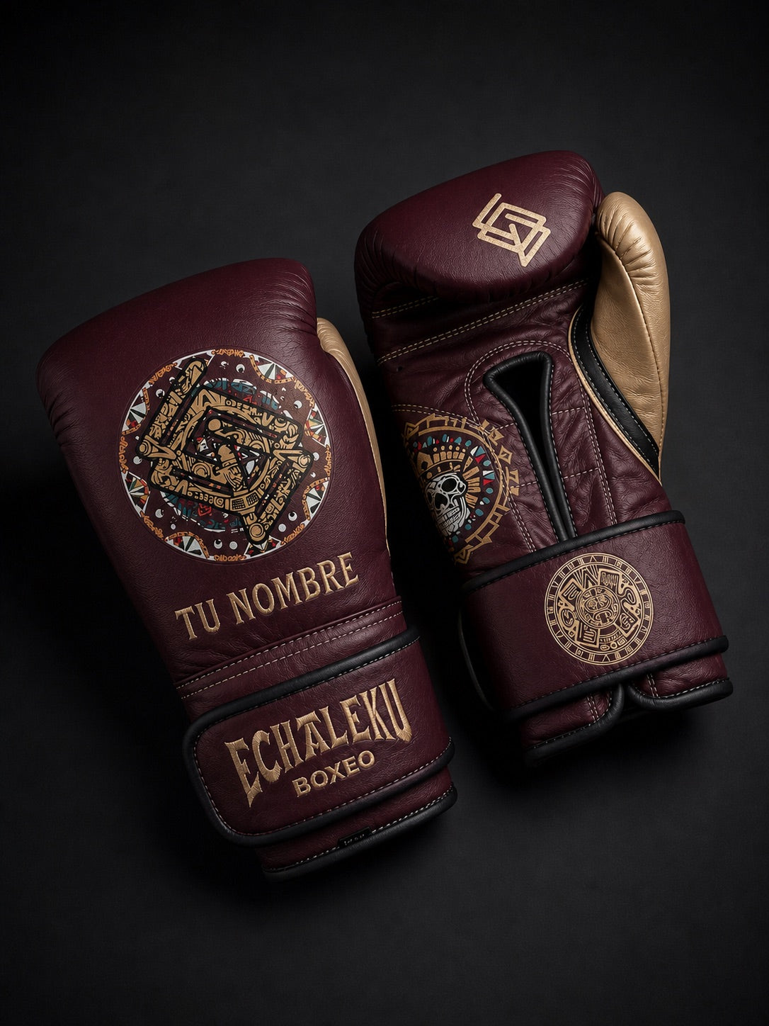Guantes de Boxeo Azteca personalizados Echaleku Boxeo en burdeos y champán, con TU NOMBRE y colores elegidos