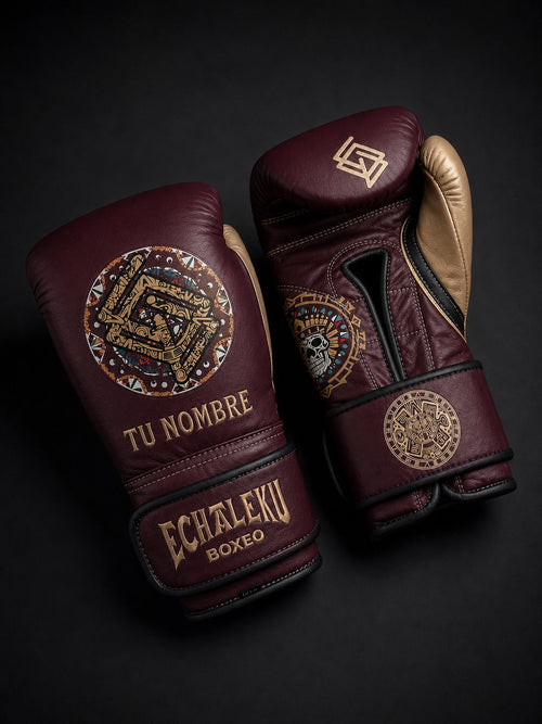 Guantes de Boxeo Azteca personalizados Echaleku Boxeo en burdeos y champán, con TU NOMBRE y colores elegidos
