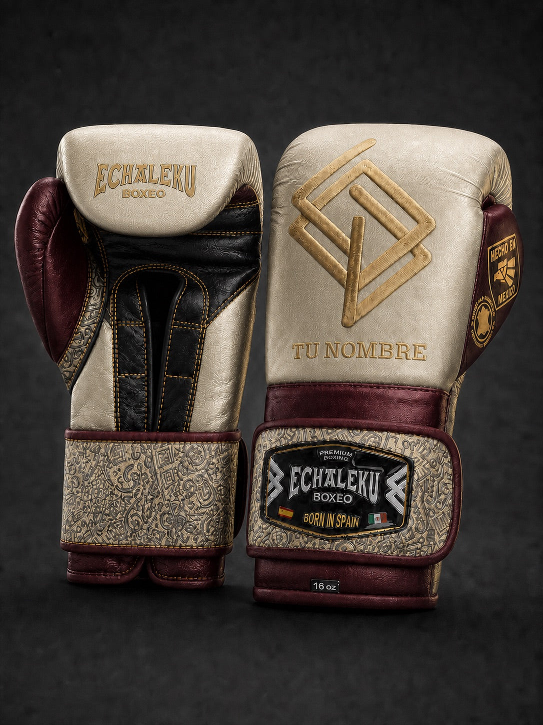 Guantes Oro del Inframundo personalizados Echaleku Boxeo en marfil, burdeos, negro y oro con TU NOMBRE
