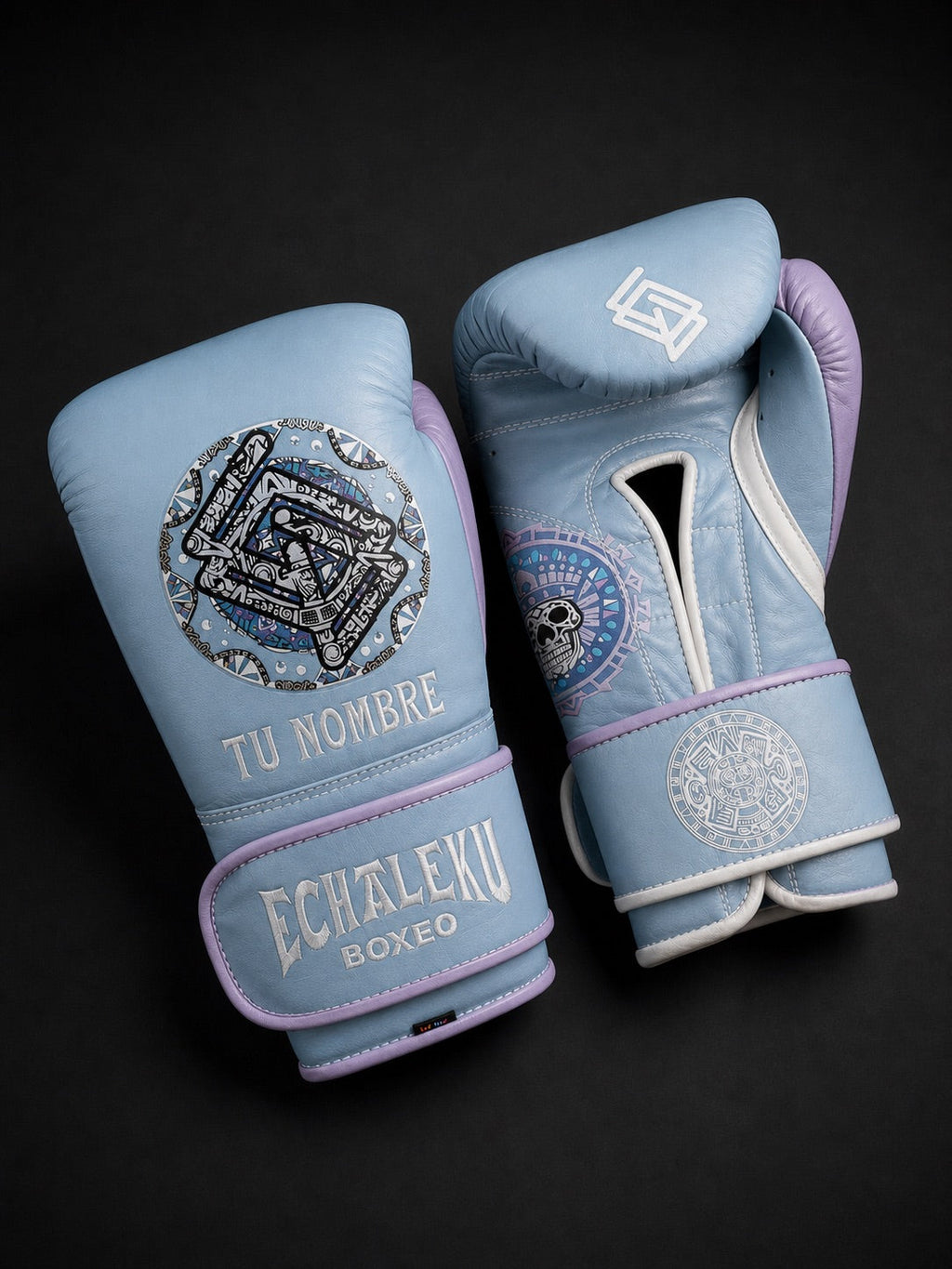 Guantes de Boxeo Azteca personalizados Echaleku Boxeo en azul hielo y lavanda, con TU NOMBRE y colores elegidos