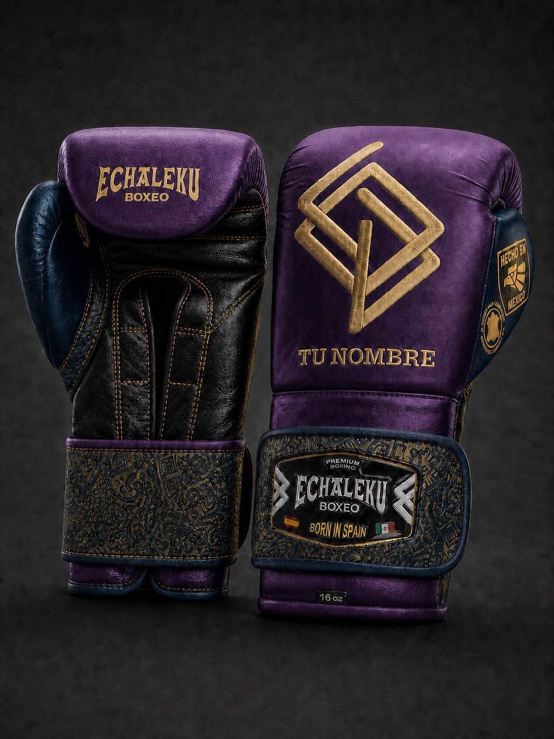 Guantes Oro del Inframundo personalizados Echaleku Boxeo en púrpura, azul petróleo, negro y oro con TU NOMBRE
