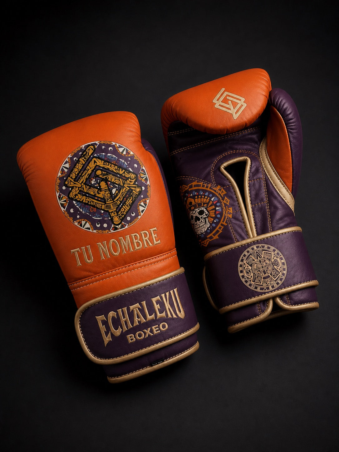 Guantes de Boxeo Azteca personalizados Echaleku Boxeo en naranja y ciruela, con TU NOMBRE y colores elegidos