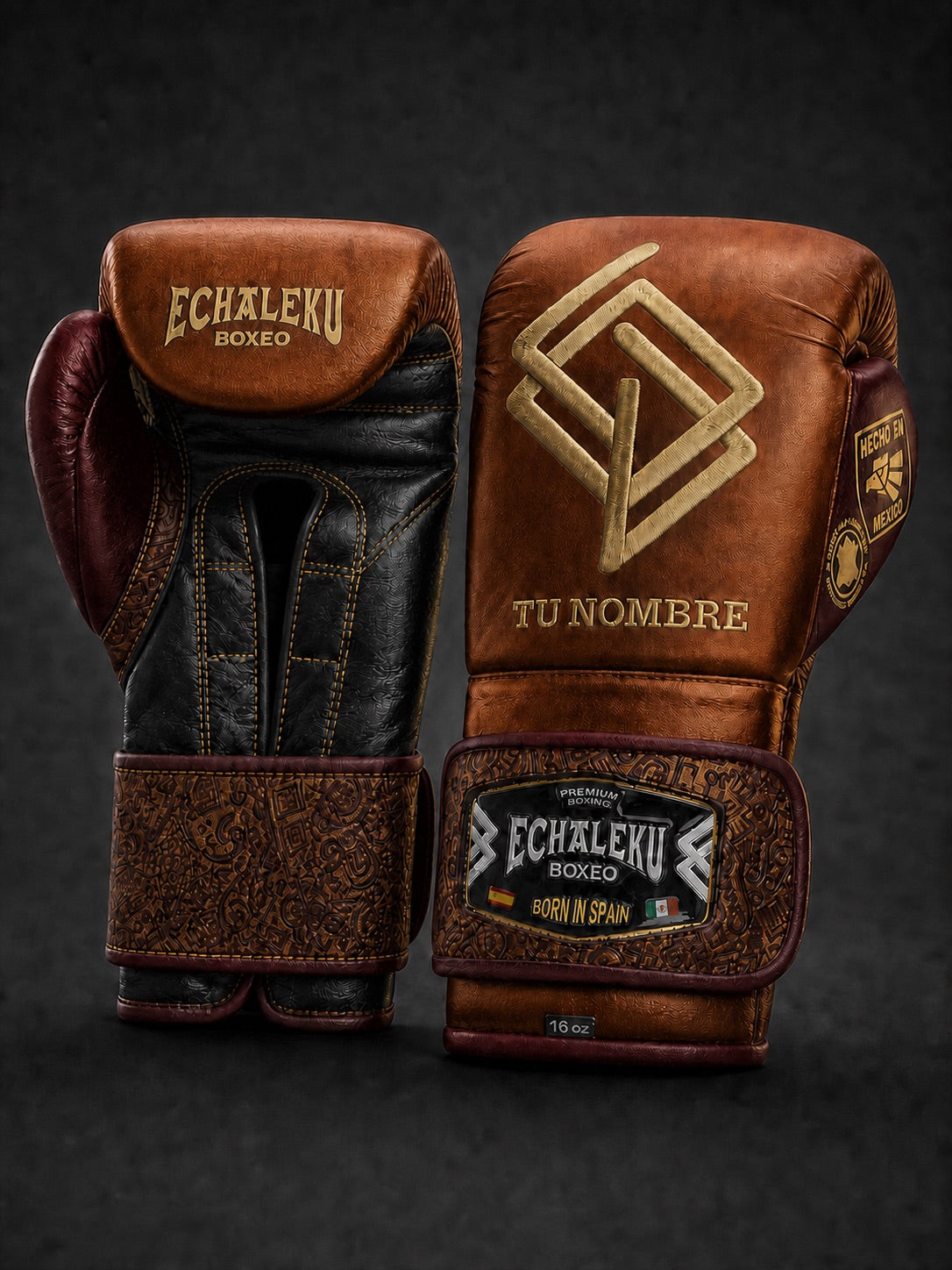 Guantes Oro del Inframundo personalizados Echaleku Boxeo en coñac, carbón, caoba y oro con TU NOMBRE