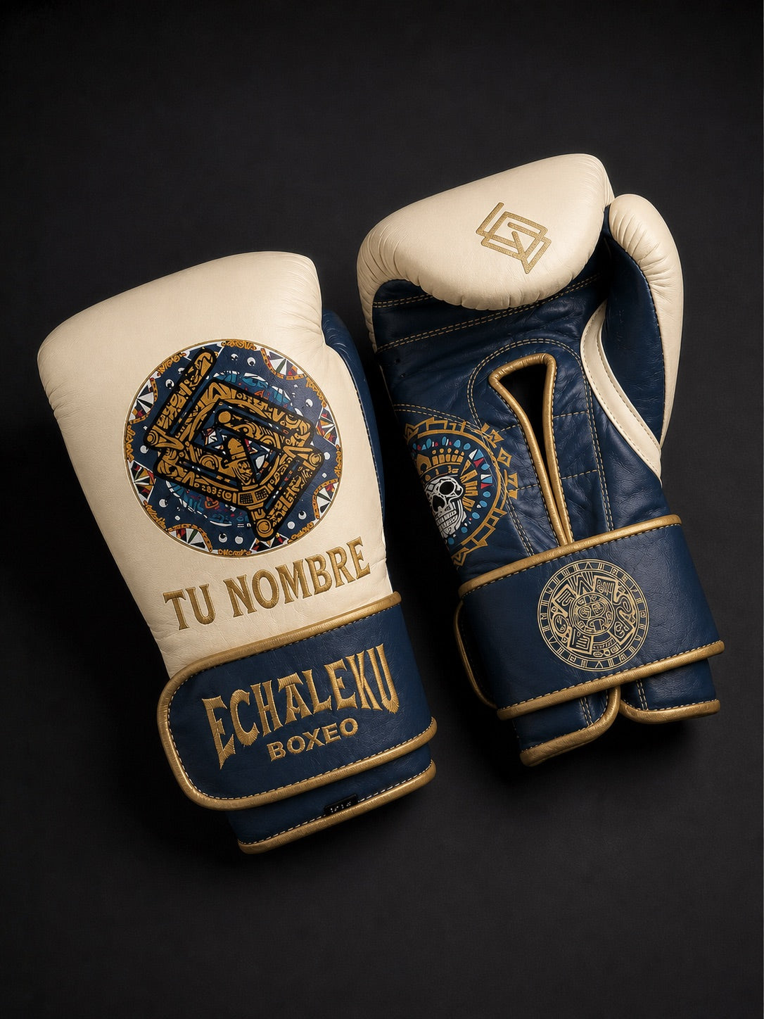 Guantes de Boxeo Azteca personalizados Echaleku Boxeo en marfil y azul petróleo, con TU NOMBRE y colores elegidos