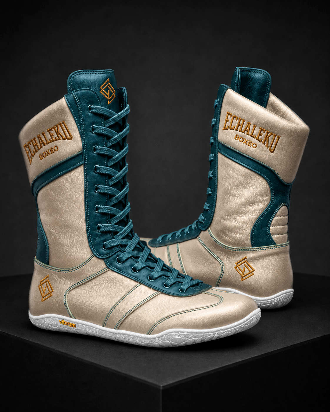 Botas Merino Echaleku Boxeo en champán y azul petróleo con suela blanca Vibram