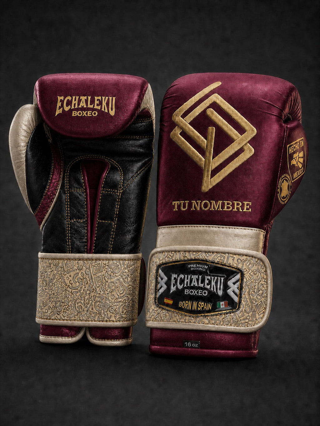 Guantes Oro del Inframundo personalizados Echaleku Boxeo en frambuesa, perla, negro y oro con TU NOMBRE