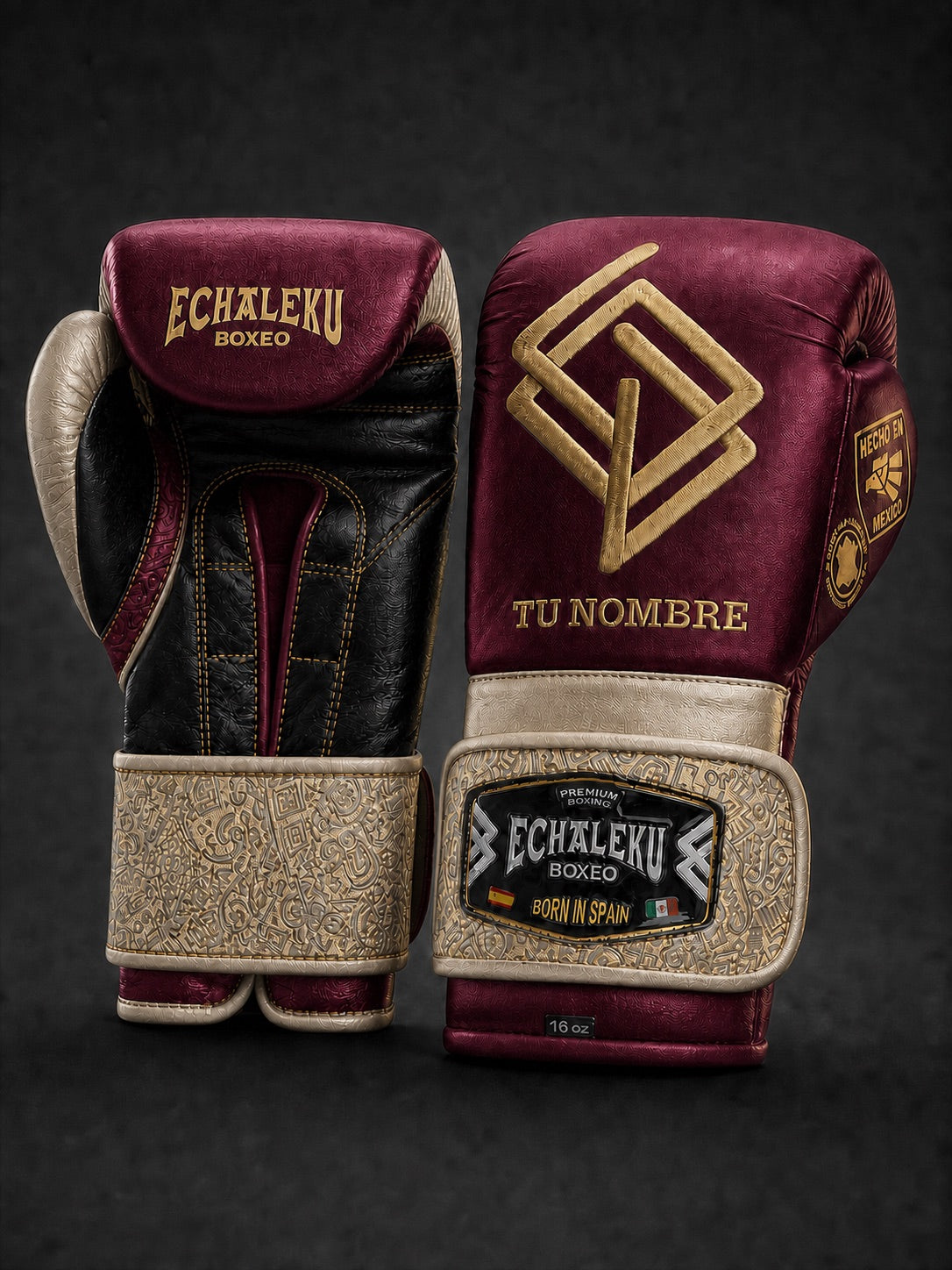 Guantes Oro del Inframundo personalizados Echaleku Boxeo en frambuesa, perla, negro y oro con TU NOMBRE