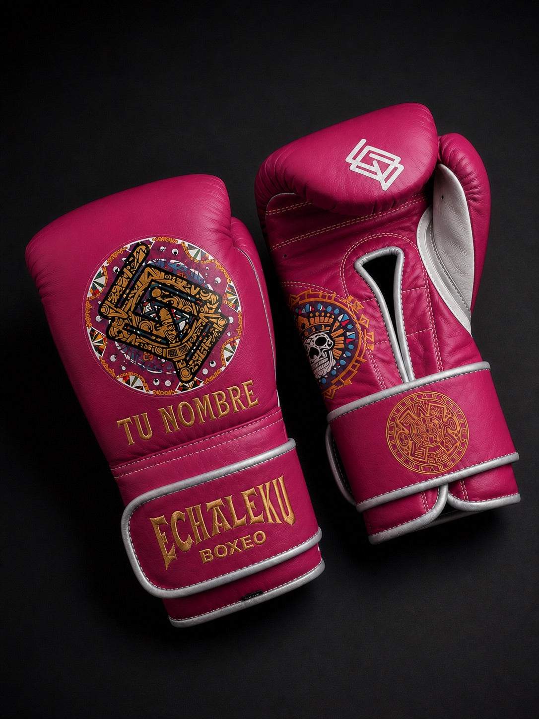 Guantes de Boxeo Azteca personalizados Echaleku Boxeo en fucsia y blanco perla, con TU NOMBRE y colores elegidos