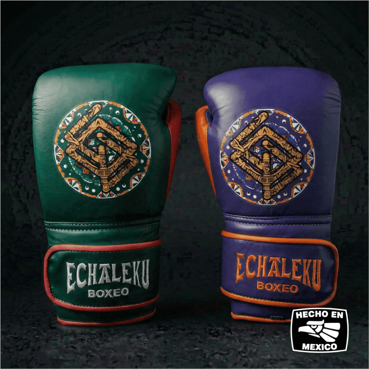 Handmix.GUANTES PREMIUM ENTRENAMIENTO BOXEO PROFESIONAL: COLECCIÓN AZTECA fabricada en México. Verde y Rojo + Morado y Naranja