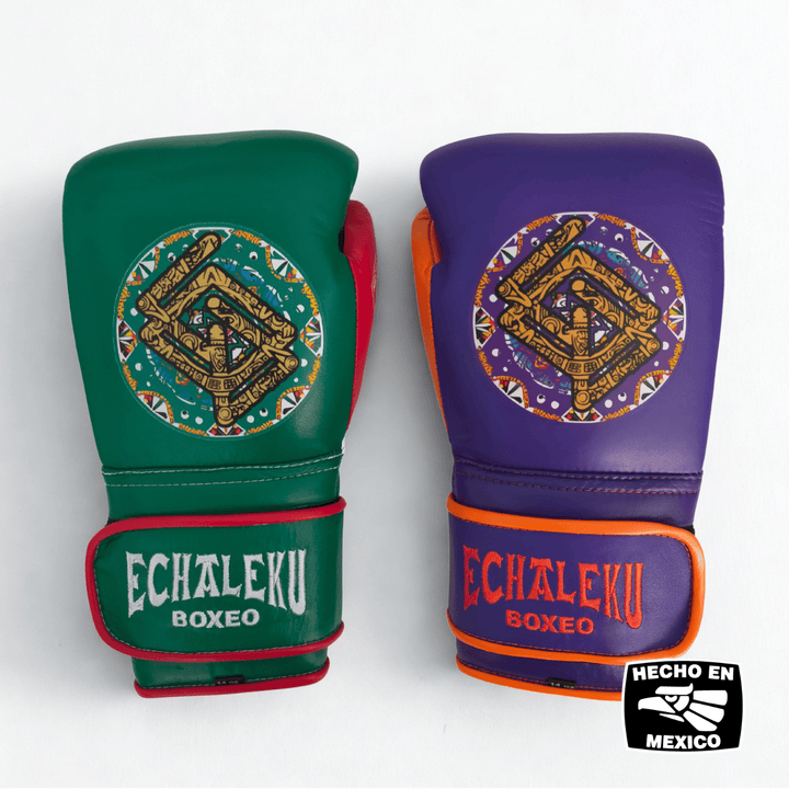 Handmix.GUANTES PREMIUM ENTRENAMIENTO BOXEO PROFESIONAL: COLECCIÓN AZTECA fabricada en México. Verde y Rojo + Morado y Naranja