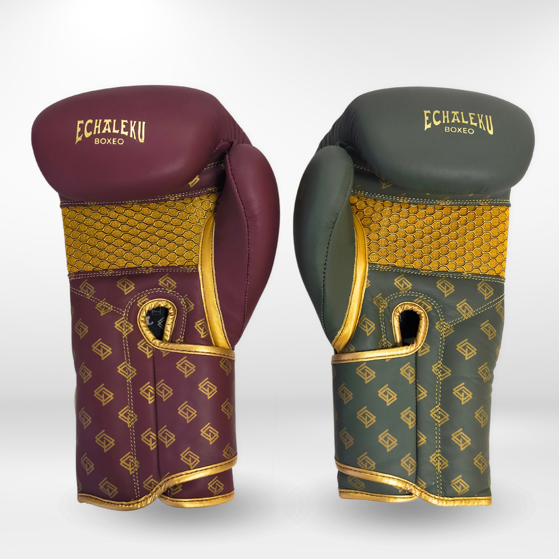 Handmix. GUANTES PREMIUM ENTRENAMIENTO BOXEO AMATEUR: Burdeos/Verde Militar + Dorado (V4.0)