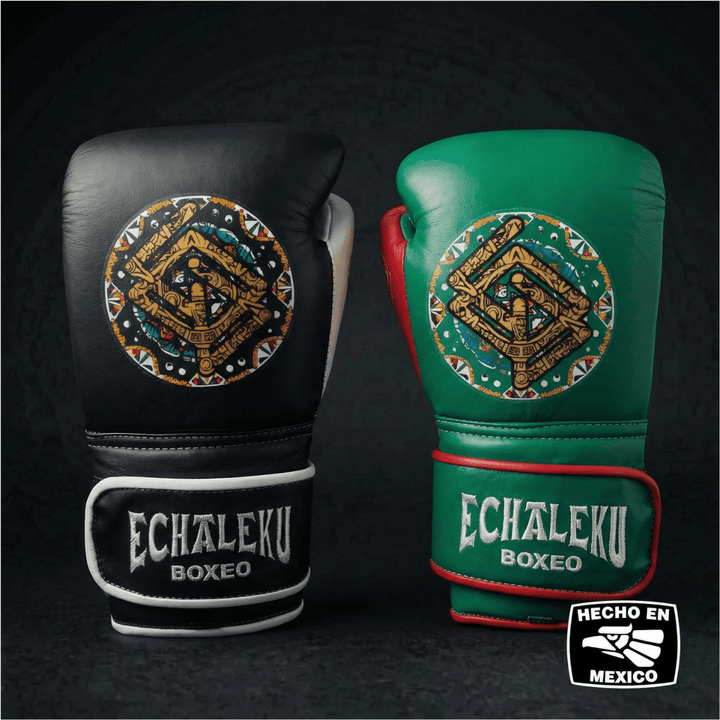 Handmix.GUANTES PREMIUM ENTRENAMIENTO BOXEO PROFESIONAL: COLECCIÓN AZTECA fabricada en México. Negro y Blanco + Verde y Rojo