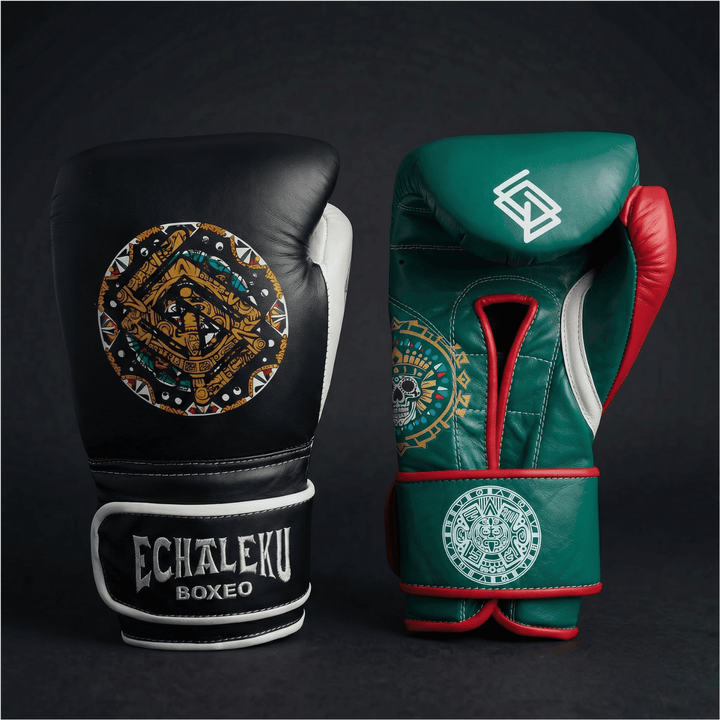 Handmix.GUANTES PREMIUM ENTRENAMIENTO BOXEO PROFESIONAL: COLECCIÓN AZTECA fabricada en México. Negro y Blanco + Verde y Rojo
